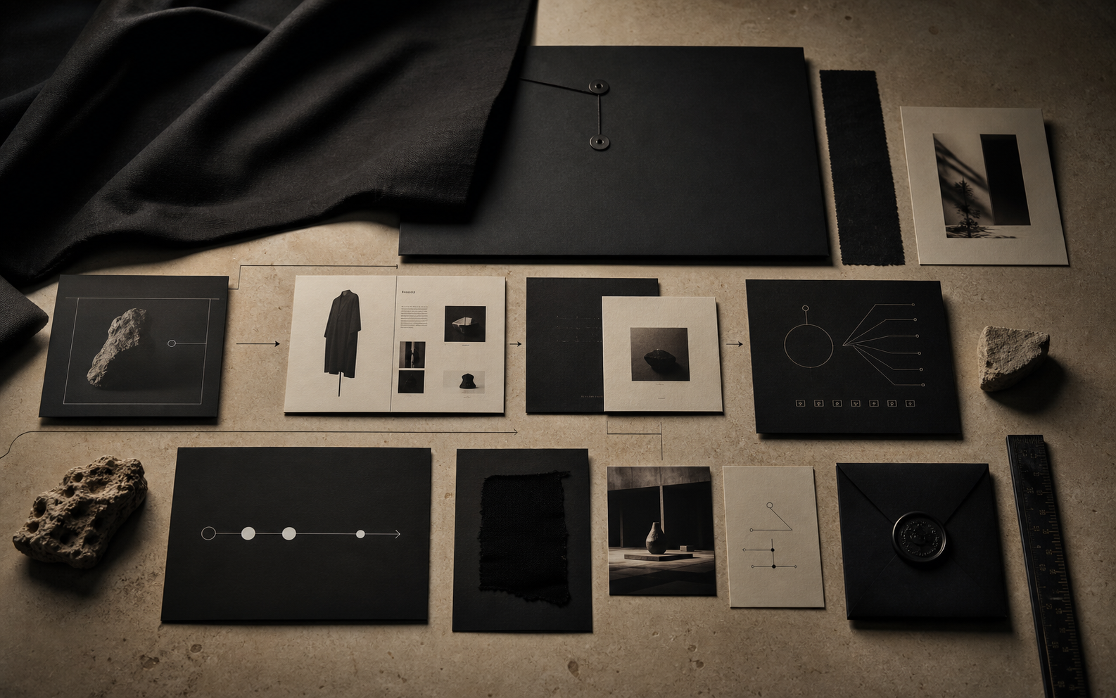 Editorial arrangement of cards, references and materials showing a complete creative workflow