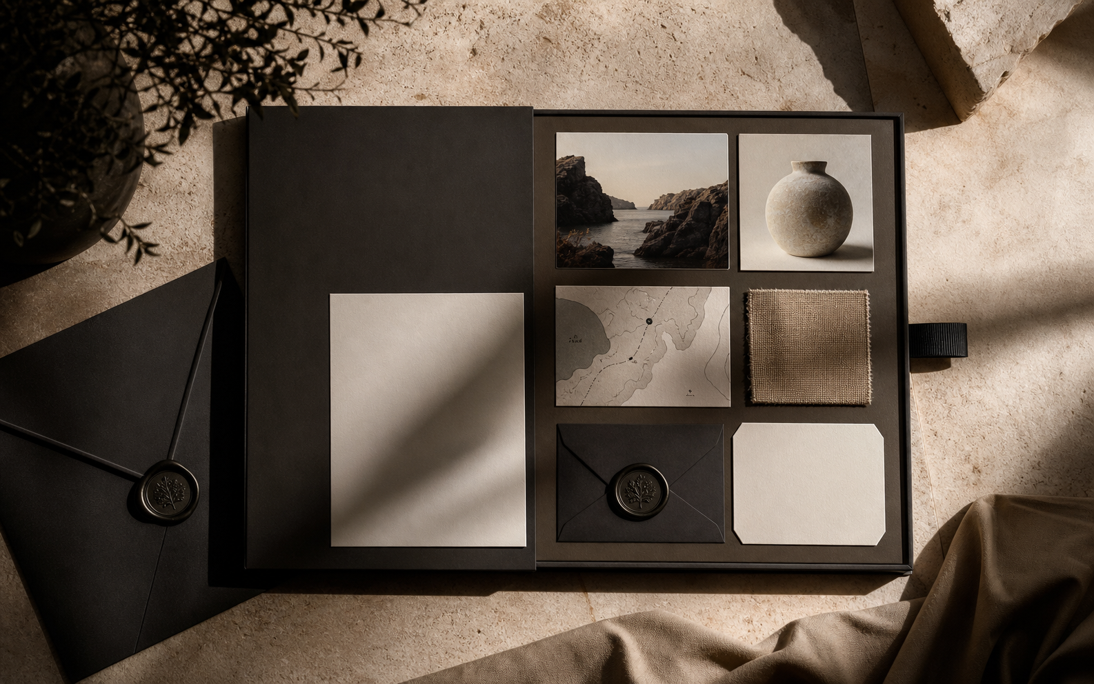 Editorial flat lay of a private world-building portfolio with cards, map and fabric swatch